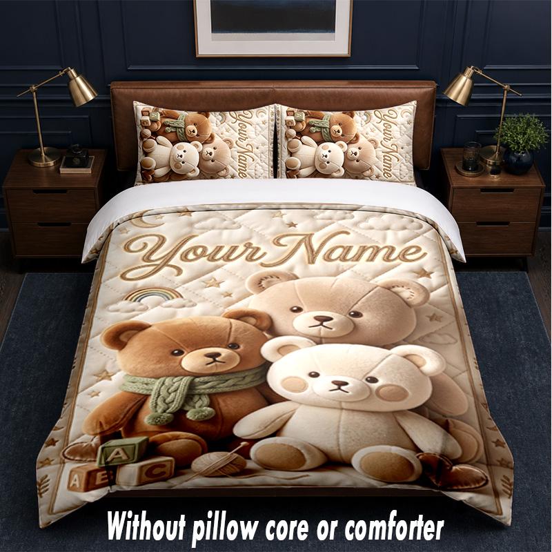 Teddy Bear Theme Custom Text Or Name 3Pcs Bedding Set,1 Flat Sheet & 2 Pillowcases Personalized Home Bedding