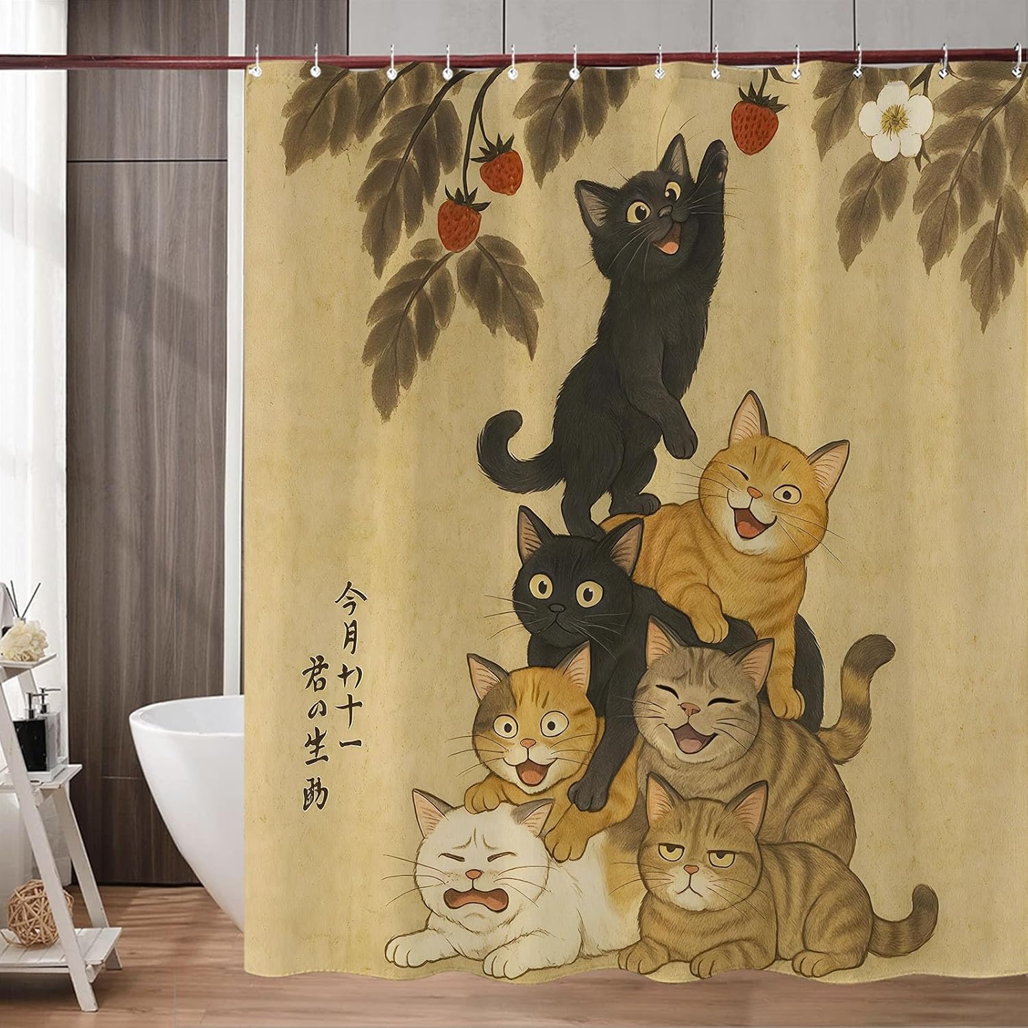 

AccnicFunny Japanese Cat Shower Curtain Fun Cool Cute Black Cat Dinosaur Monster Shower Curtains for Bathroom Anime Ocean Wave 90x180CM