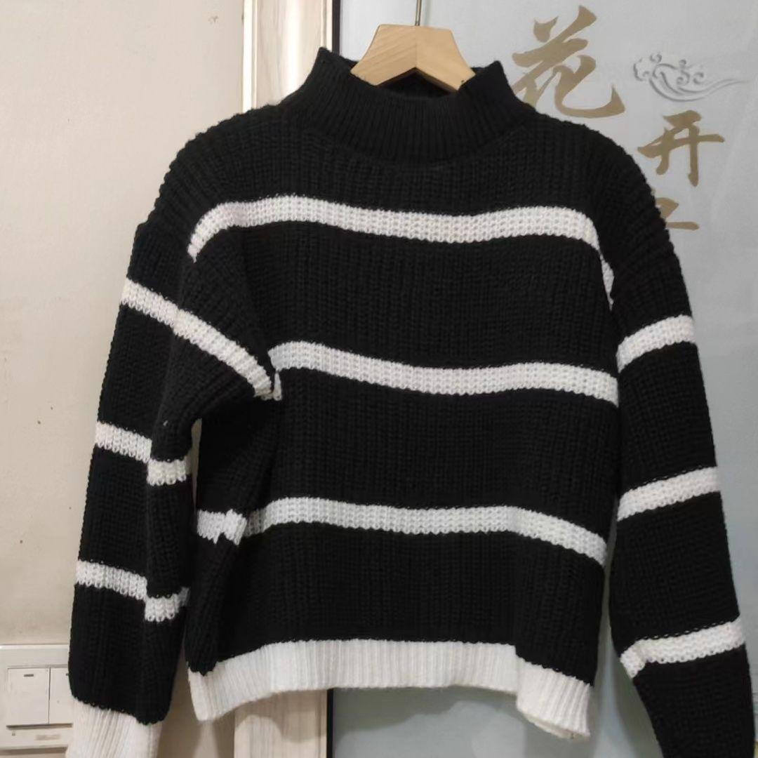 

Осенне-зимний повседневный полосатый толстый вязаный свитер с полувысоким воротом для женщин 2XL чёрный