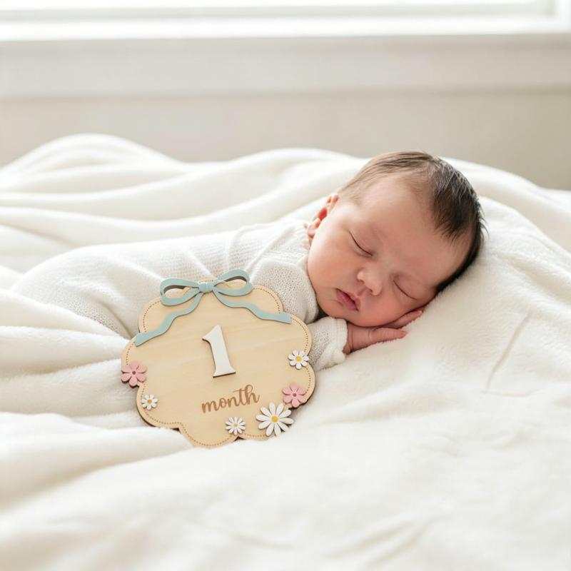 Marqueurs de jalons mensuels pour bébé en bois non toxique, nœud rose, style floral, accessoires adorables pour photos de nouveau-né pour album souvenir