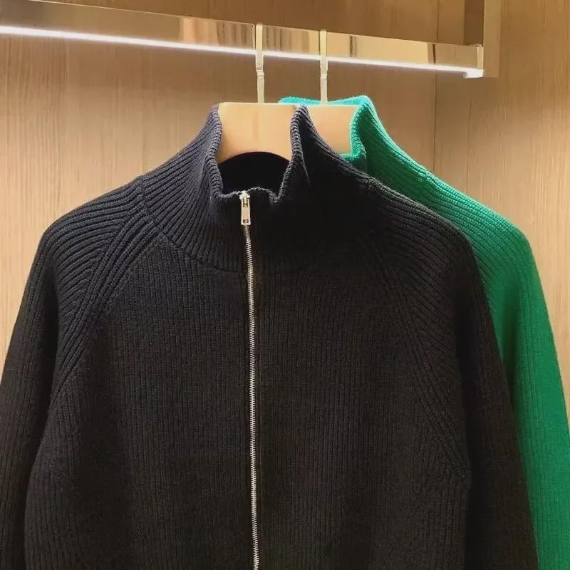 Men's Green Stand Collar Cardigan Sweater - European and American Style Winter Half Turtleneck