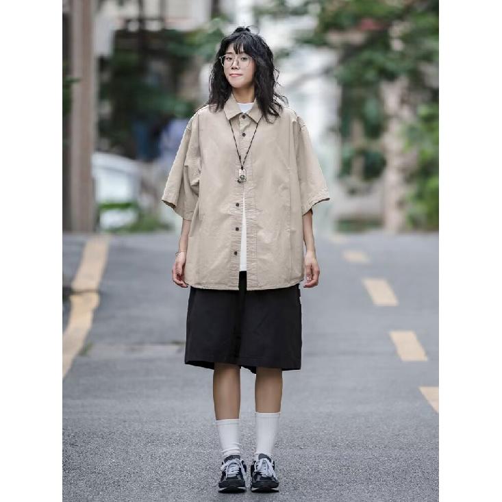 Hong Kong Style Retro Short Sleeved Shirt Men's Summer Japanese Loose Workwear Casual Five Quarter Sleeved Top Jacket