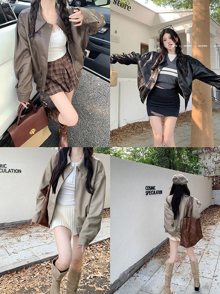 Women's High-End Retro PU Leather Coffee Jacket - Slimming, Windproof, Long Sleeve, Motorcycle Style.