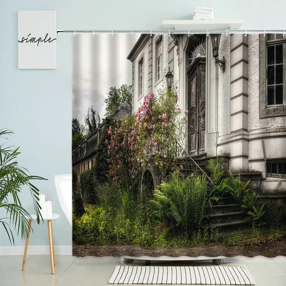 Greece Street View Shower Curtain Village Town Old Stone Brick Wall Green Plant Flowers Scenery Bathroom Decor Waterproof Screen