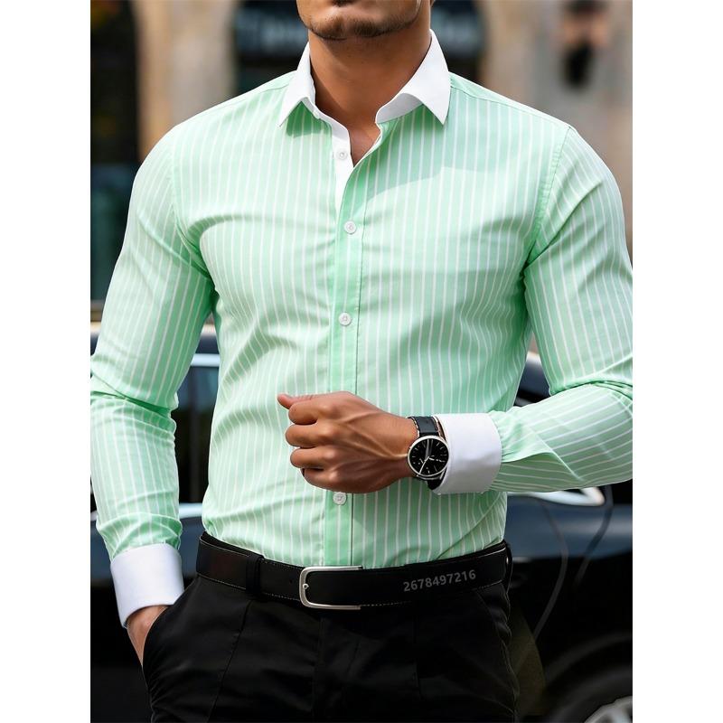 Męska koszula w paski z długim rękawem w stylu business casual, stylowy design z kołnierzem i kontrastowymi wstawkami, męska koszulka casual.