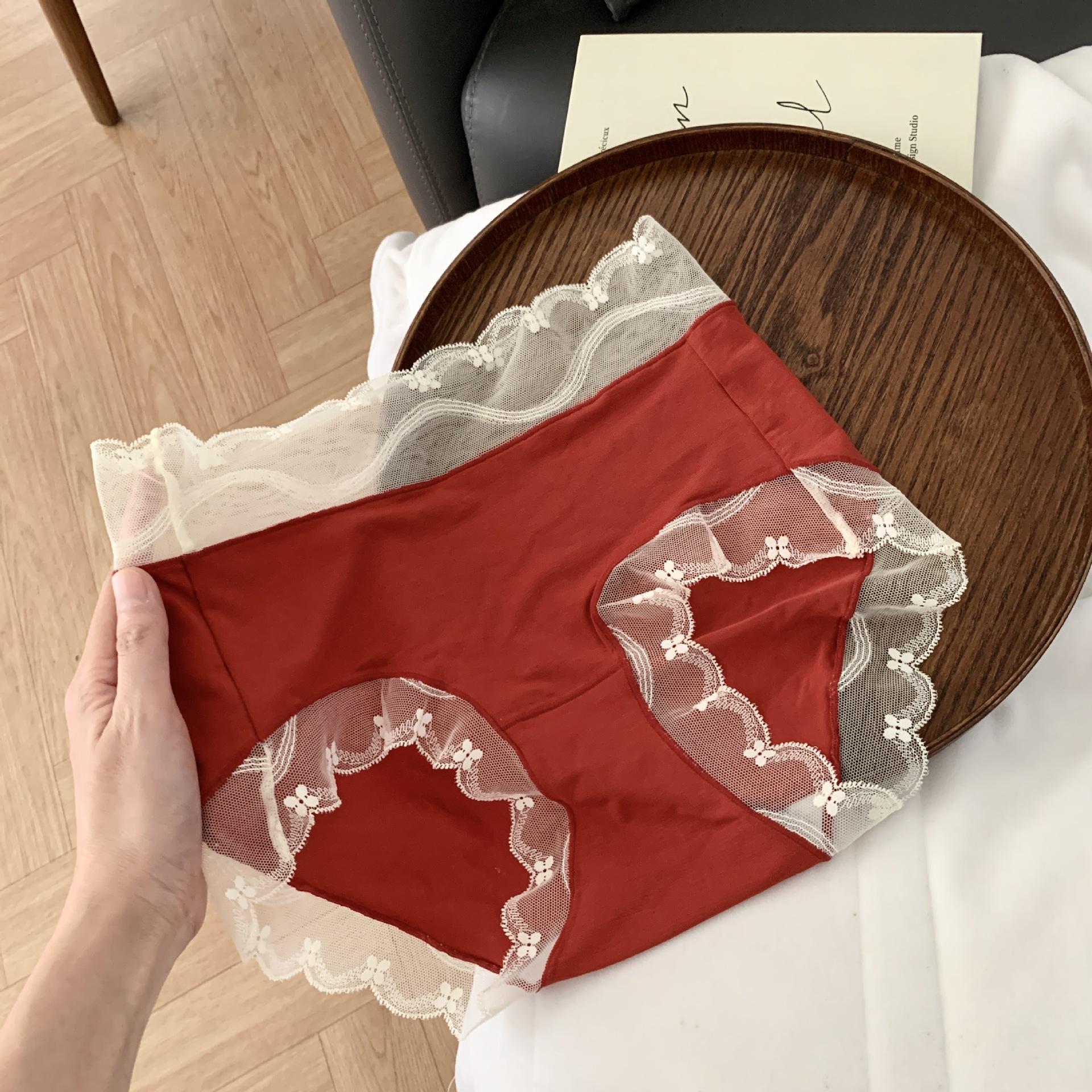 

Ladies Spring and Autumn Lace Stitching 10A Antibacterial Extended Crotch Mid Waist Panties L красный