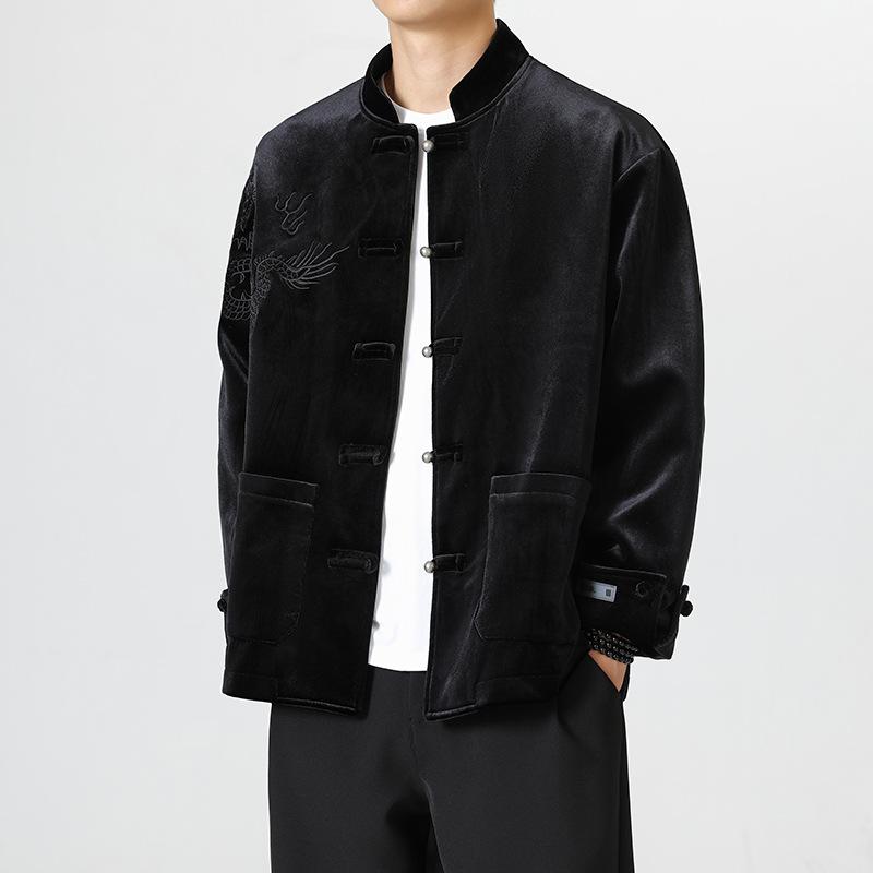 

Новый китайский стиль Гочао Повседневный бархатный пиджак с вышивкой в виде дракона, утолщенный воротник-стойка, хлопковый пиджак Тан, старинный стиль 5XL чёрный