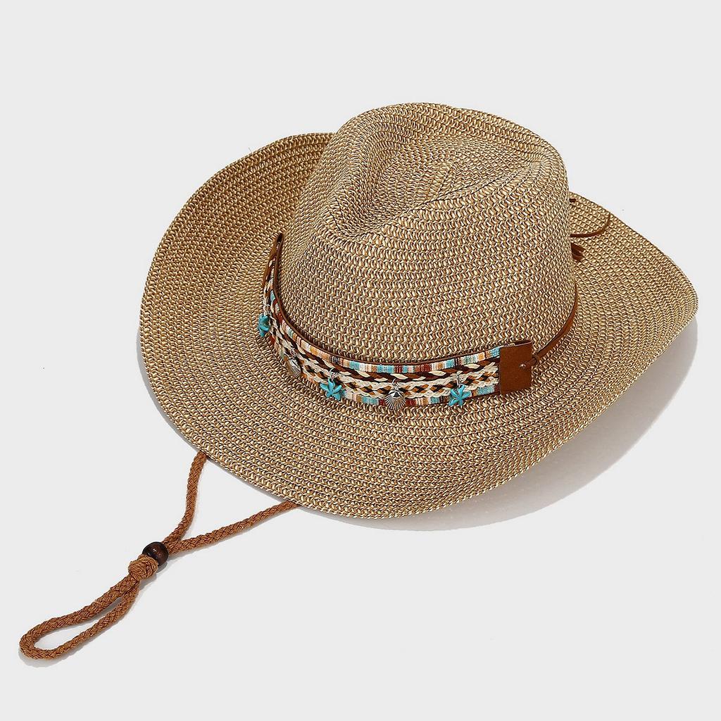 Boho-Chic Handcrafted Straw Cowboy Hat with Blue Accents - Breathable, Lightweight & Stylish for Women