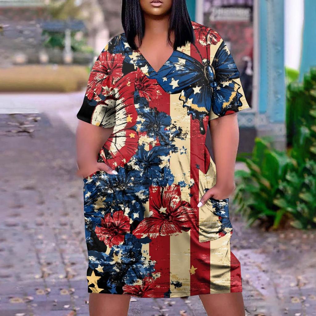 Summer Plus Size V Neck Short Sleeve Knee Pocket Gradient Print Casual Dress For Women