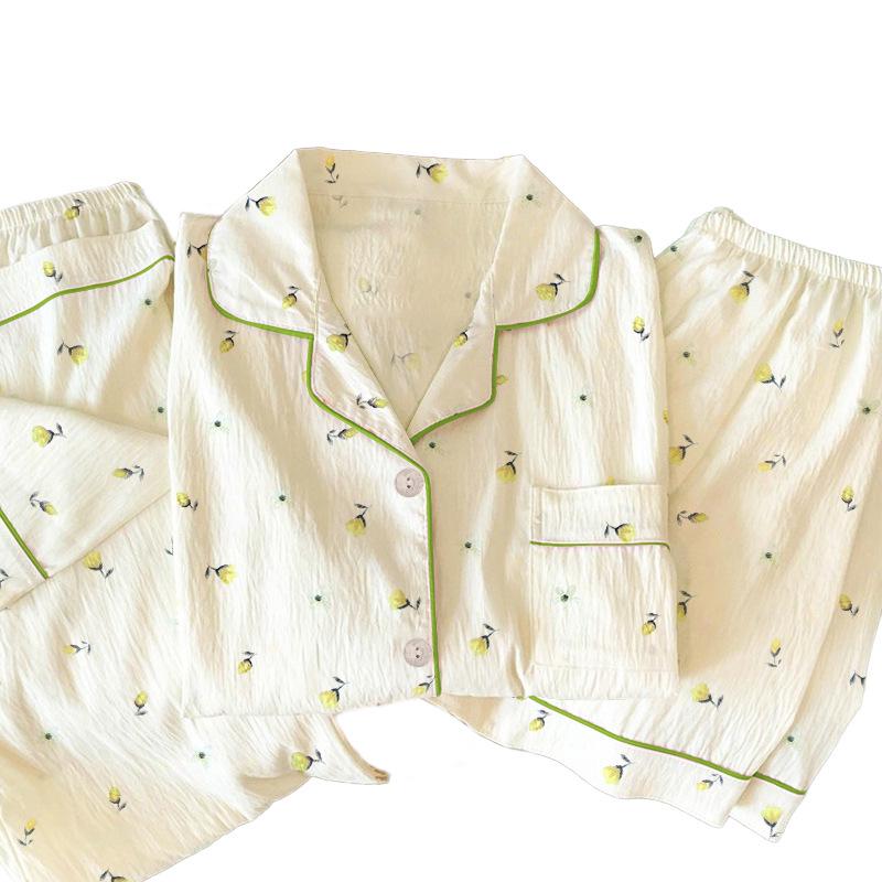 Women's Sweet Summer Pajama Set: Girly Gauze Short-Sleeve Top, Long Pants & Outerwear