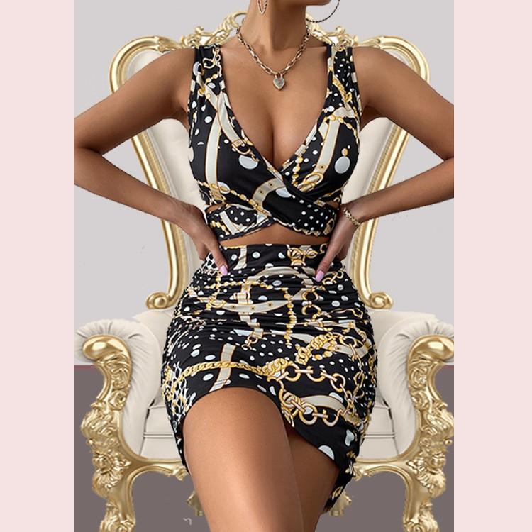 Dress women's summer new skirt European and American women's clothing hip strap skirt printed medium and long dress