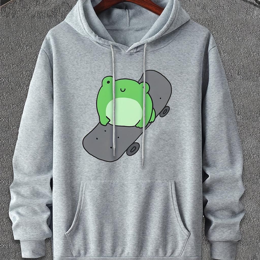 2026Unisex Pullover Hoodie, Cute Skateboarding Frog Cartoon, Drawstring Kangaroo Pocket Casual Autumn‑Winter Sweatshirt for Men