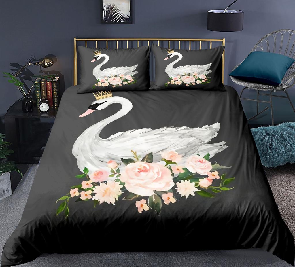 Swan Duvet Cover Set Rose Crown Comforter Cover Polyester Bedding Set Sweet Girl Romantic Quilt Cover Pink Red King Twin Size