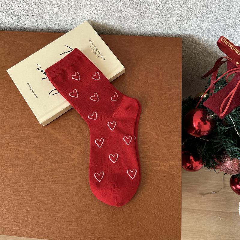 Sign On The Birth Year Big Red New Year'S Socks Female Mori Bow Small Flower Love Women'S Cotton Socks Medium Tube Socks