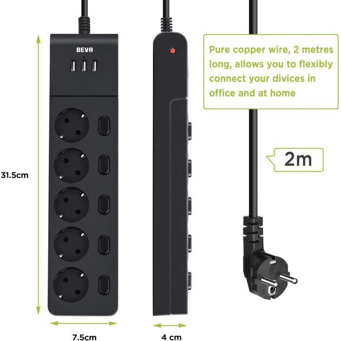 Multiprise USB - Bloc multiprise - 5 Prises - 3 Ports USB - Chargement intelligent - Blanc