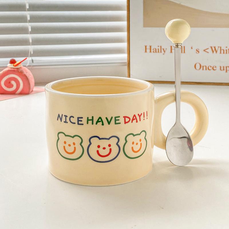 Bear Mug Girl with High Looking Ceramic Cup with Spoon Office Cute Coffee Milk Breakfast Cup