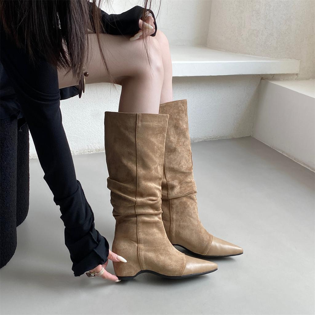 Pointed Boots Women's Inner Height Increase Retro 2025 New Thick Heel Pile Boots But Knee High Knight Boots