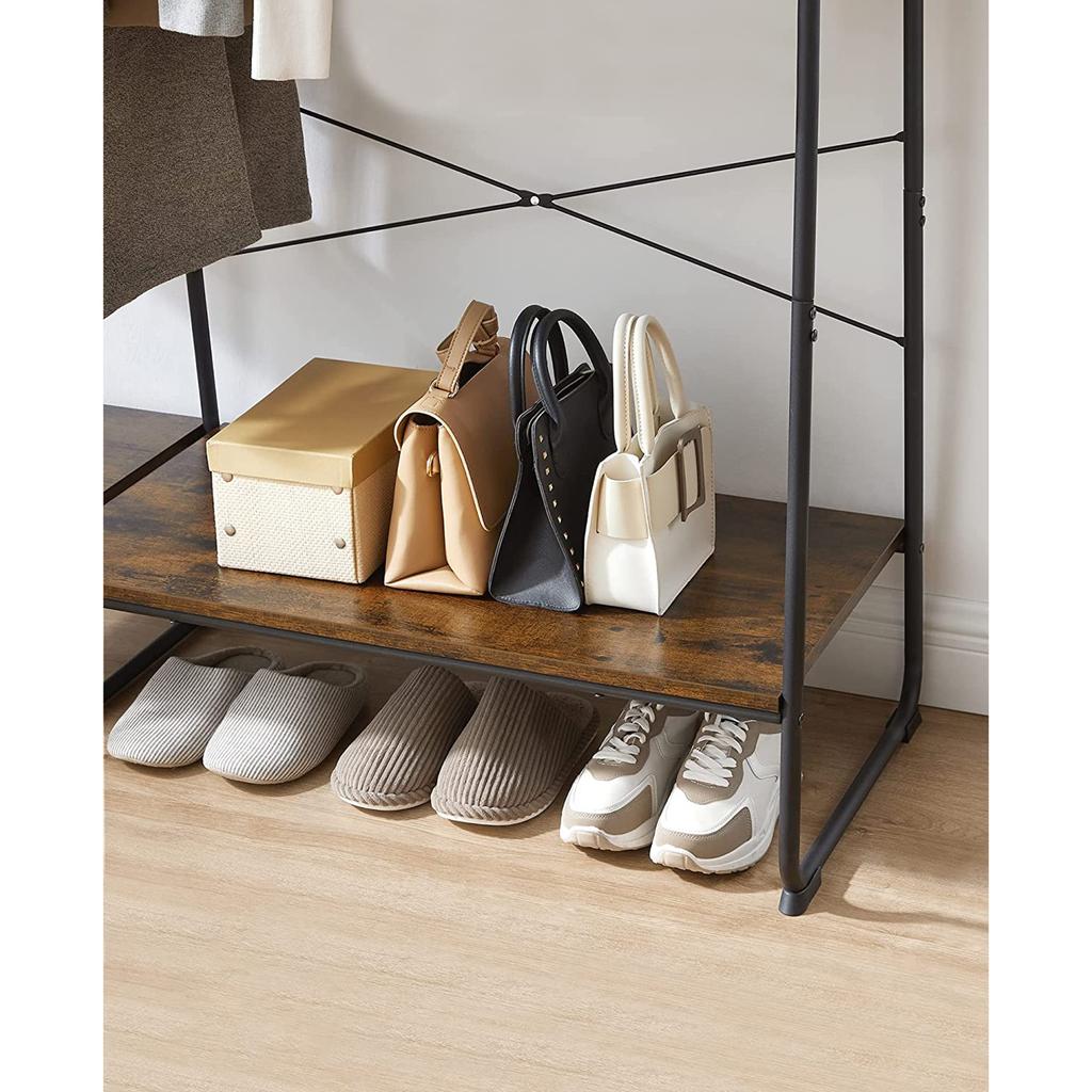 VASAGLE Clothes Rail, Clothes Rack with Shoe Shelf, 5-Tier Storage Rack, 6 Side Hooks, for Bedroom, Living Room, Rustic Brown and Black
