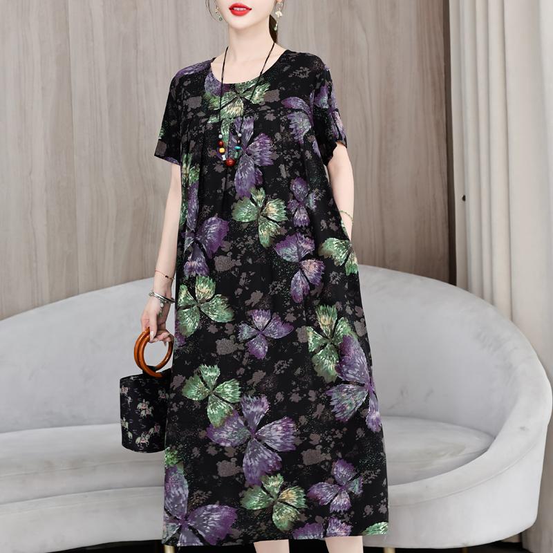 Abiti eleganti taglie forti per donna Abito lungo vintage a maniche corte allentato casual
