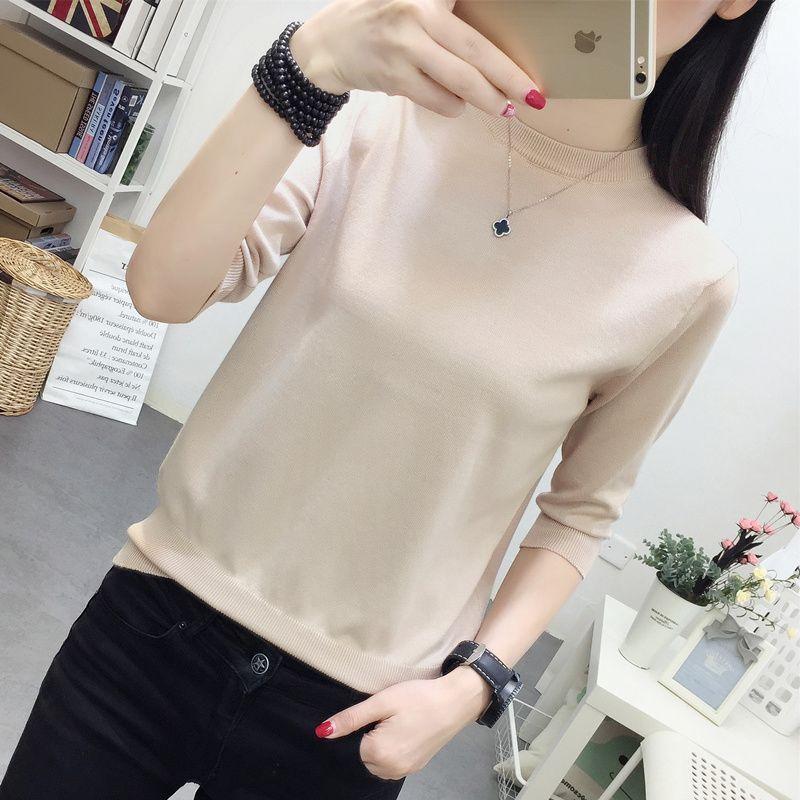 

2025 Spring New Arrival Women s Fashion Style Half Sleeve Half Length round Neck Knitted Loose Simple Fashion Elegant Bottoming Shirt Thin Apricot(Middle sleeve) L