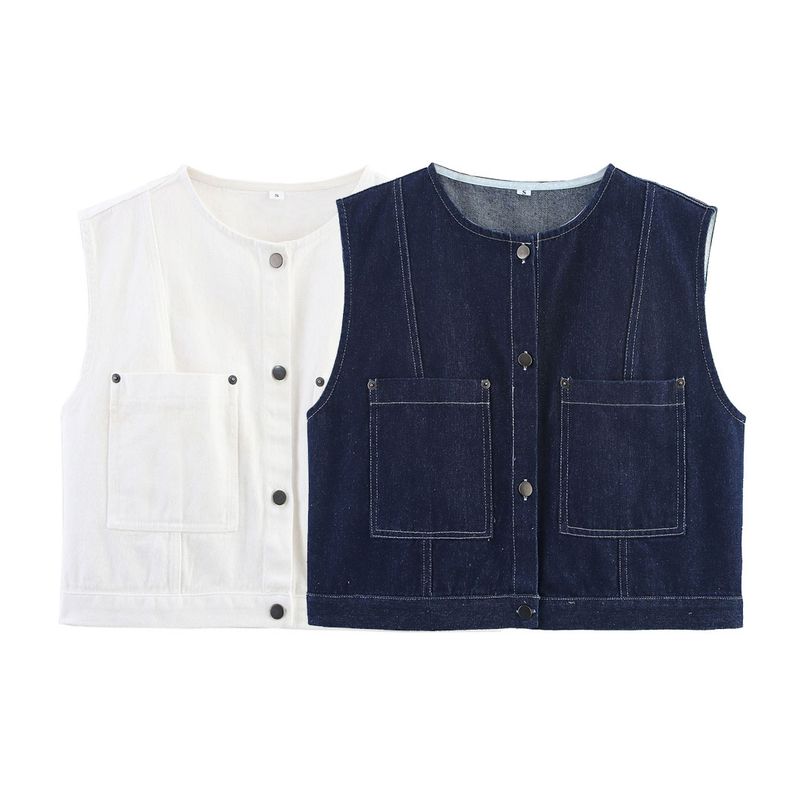 Kaslead New Women clothes Western Style Fashion Simple and Versatile 2-Color Denim Button Buckle Vest Top