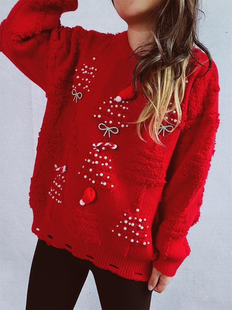 Solid color handmade pearl Christmas three-dimensional decoration plush New Year sweater Christmas sweater 3612 EMA
