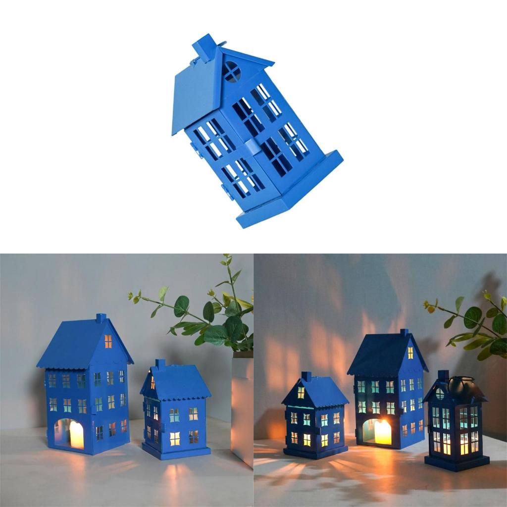 Hollowout Ice House Metal Blue Tealight Holder Hanging Lanterns for Indoor Table Centerpieces Decoration