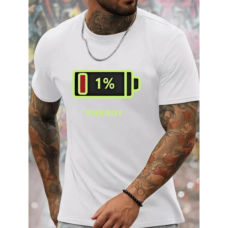 

Летняя модная мужская футболка с принтом «Батарейка 1% энергии», с круглым вырезом, коротким рукавом, повседневный топ с легкой эластичностью - Хлопковая футболка для взрослых, стандартный крой S белый