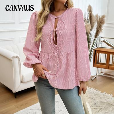 Women's Autumn and Winter Tops Casual Loose Striped Lantern Sleeve Tie Shirt