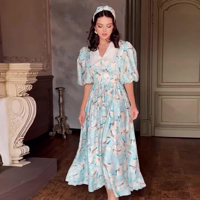 

Летнее платье 2024 года с цветными блоками, рукавами-буфами и лацканами - Европейская и американская женская мода XS светло-синий