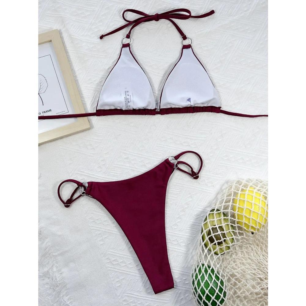 Seturi Bikini Femei cu Gât Legat costume de baie din două piese Culoare Roșu Vin și Maro Costume de Baie 2025 micro bikini Biquini conjunto de bikini