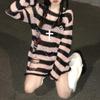 2KWEIRD Pink Striped Gothic Sweaters Women Ripped Holes Loose Knitted Pullover Frayed Fairy Grunge Jumpers Emo Streetwear Lolita