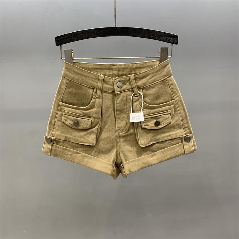 Khaki Flanged Denim Shorts Women's Summer New High-waisted Slim-fitting and Thin A-word Spice Girl Tooling Hot Pants