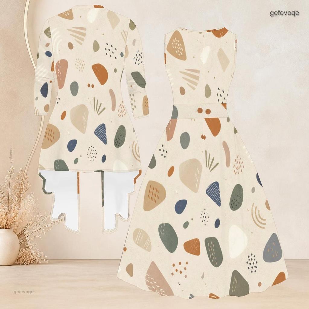 Women Plus Size Two Piece Set Geometric Printed 3 4 Sleeve Draped Cardigan Sleeveless Round Neck Tie Waist Flared Dress