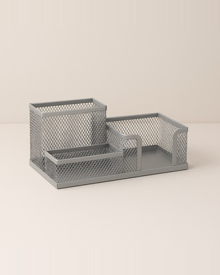 3 Grid Iron Desktop Pen Holder Storage Box Mesh Organizer Home Stationery Case