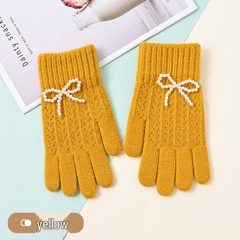 Women's Winter Knit Bow Pearl Gloves