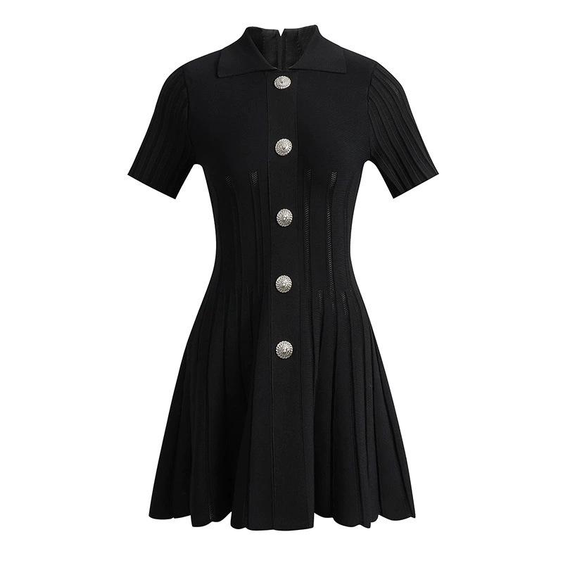 Bajiya 2025 Black A-line Knit Dress with Lapel for Women - European/American Spring/Summer Fashion