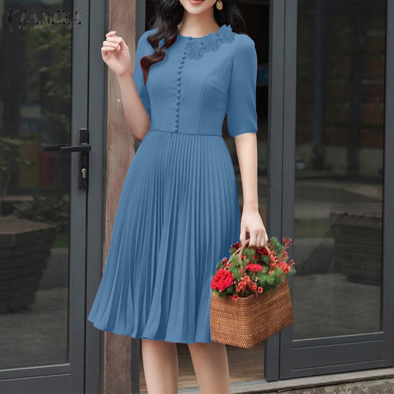 ZANZEA Women Casual Round Neck Summer Short Sleeve Pleated Dress