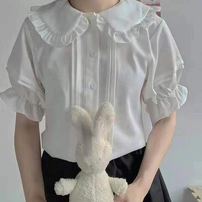Japanische süße Blusen im Lolita-Stil für Damen, Kawaii, Peter-Pan-Kragen, JK-Shirts, Mädchen, süße Rüschen, kurze Puffärmel, weißes Oberteil