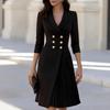 Women's Double-Breasted Dress with Three-Quarter Sleeves and Asymmetrical Pleated Midi Skirt
