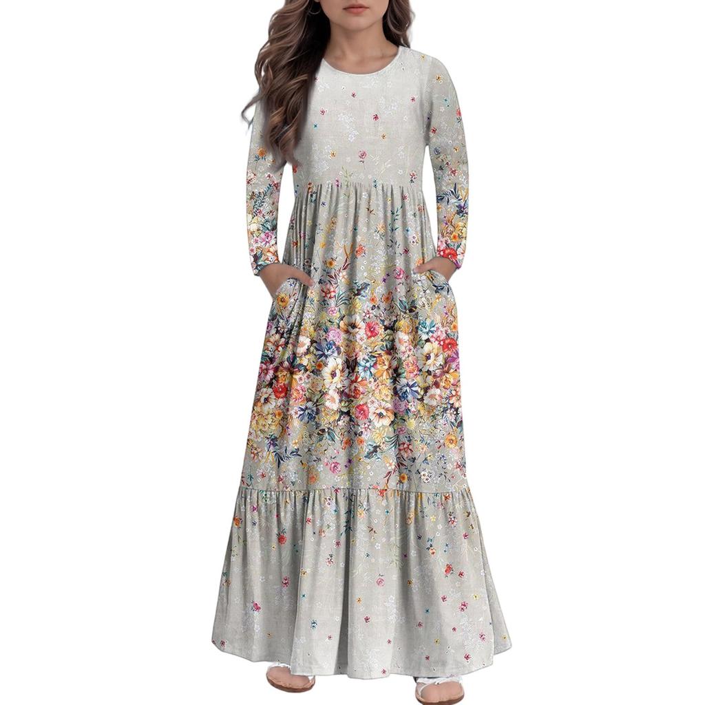 Girls' Maxi Dress Casual Holiday Dresses - Long Sleeve Dress With Pockets For 4-14Y