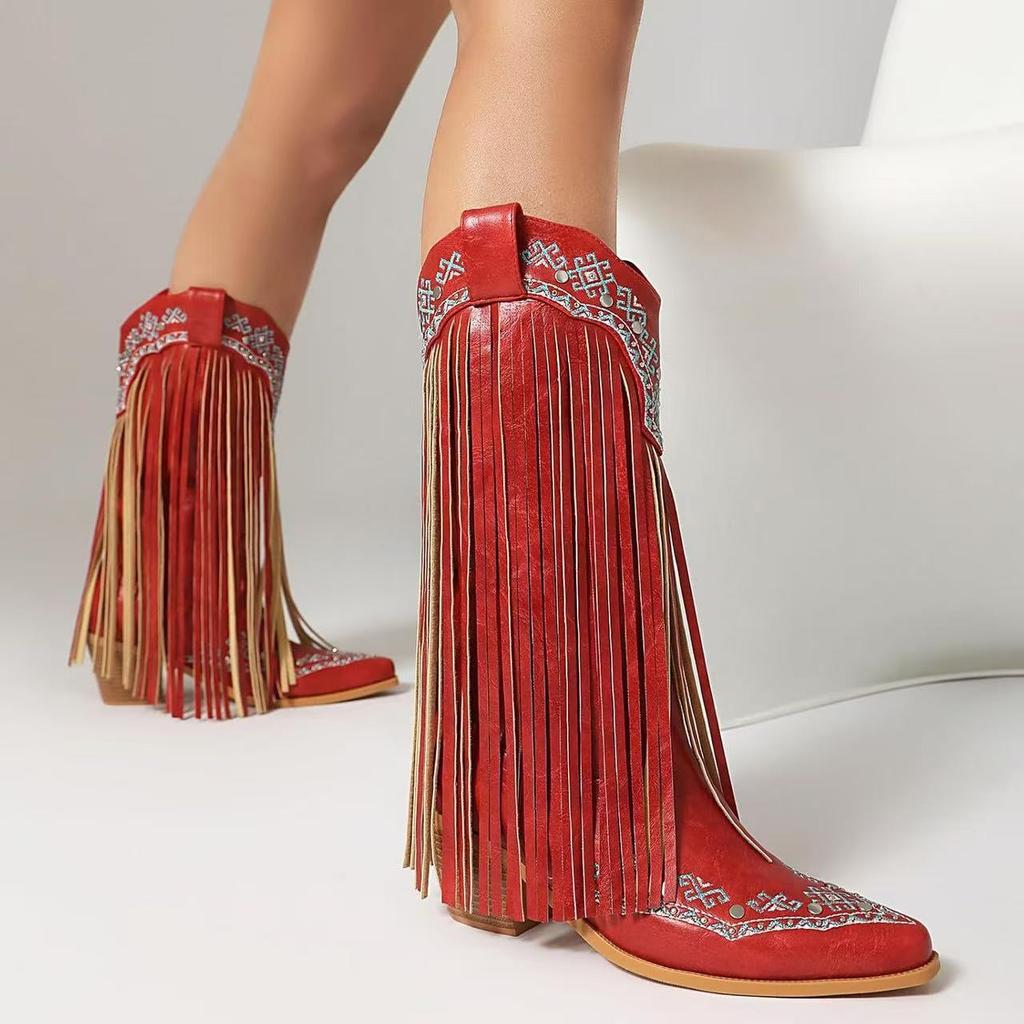 Cowboy Boots Embroidery Autumn and Winter New Knight Boots Large Size Fringed Thick Heel Rivet Western High Boots