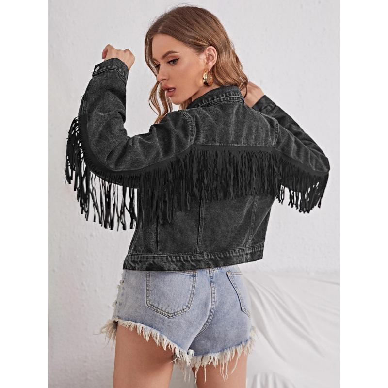 2026 European & American Women's Wide-Brim Denim Jacket with Deformed Tassels - Long Sleeve
