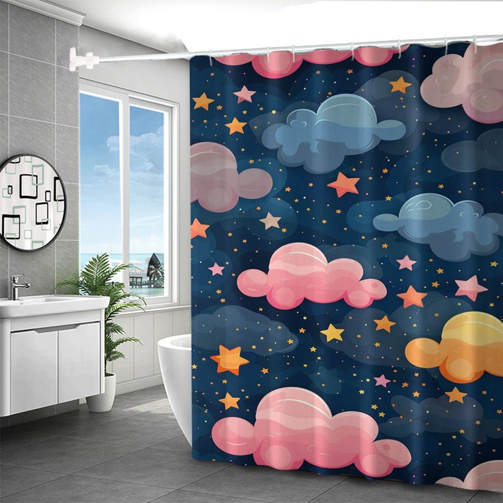 Colorful Cloud & Starry Night Shower Curtain - Vibrant Cartoon Design, No Drill Needed, 70x70 Inches, Bathroom Decor