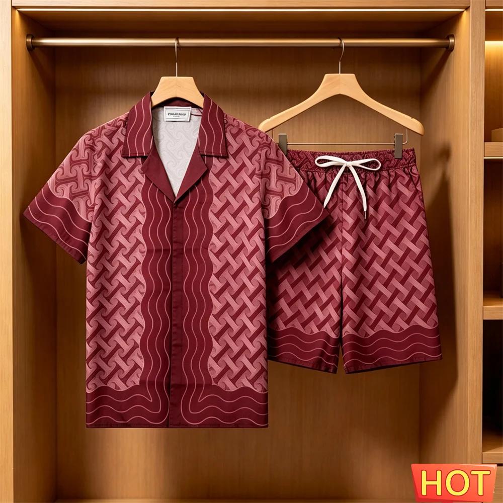 Men's Summer Set Fashion 3D Striped Print Short-Sleeve Shirt and Shorts