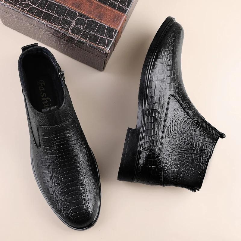 Vysoce kvalitní pánské boty Chelsea z pravé kůže, ležérní obuv, luxusní vysoké kotníkové boty pro muže, nazouvací, teplé zimní boty s plyšovou kožešinou