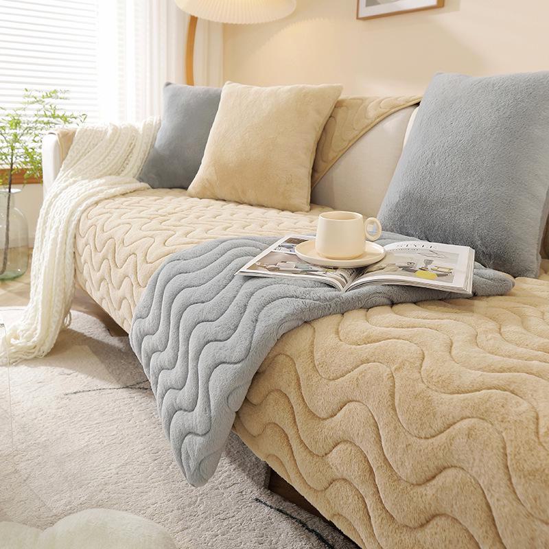 Thick Plush Striped Winter Sofa Cushion - Non-Slip, Soft, Imitation Rabbit Fur