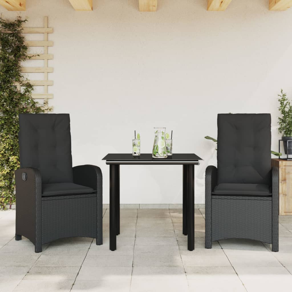 Vidaxl 3-Cz. Garden Furniture Set With Cushions, Black, PE Rattan