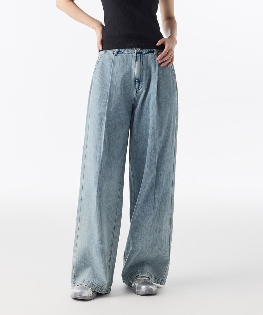MUSINSA STANDARD WOMAN Women'S Linen-Like One-Pleat Extra Wide Denim Pants [Sky Blue]