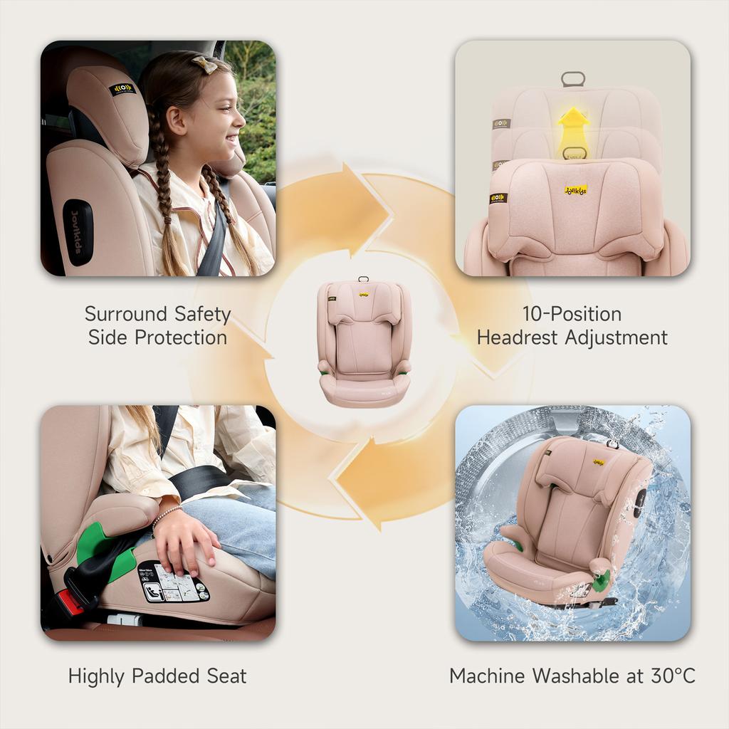 Leon Highback Booster Seat, ISOFIX, i-Size R129, 100-150cm, 3-12 Years, Seatbelt Clip (Pink)